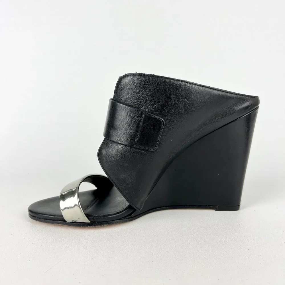 Vince Karima Wedge Mule Slide Sandals Black Leather Silver Detail size 8.5